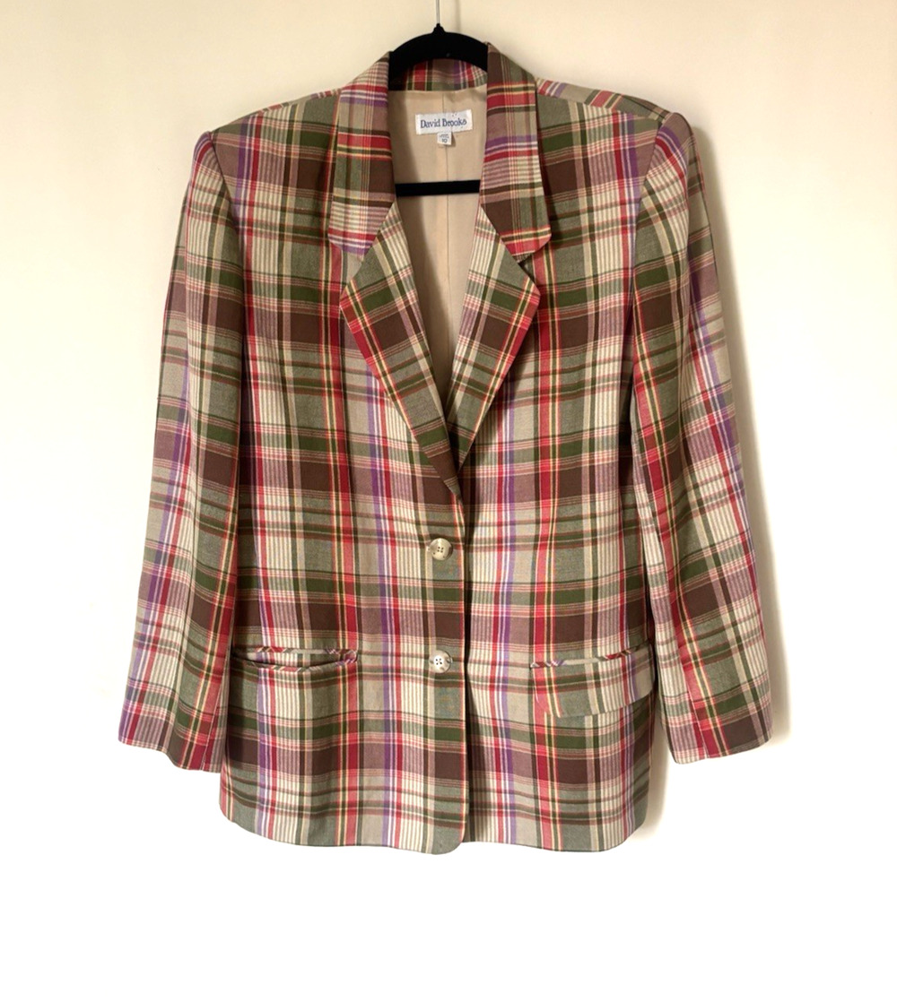 Vtg David Brooks Linen Blazer 10 Womens Jacket Plaid Check Red Green